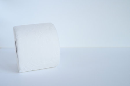 rolled white toilet paper in a white background. space for textの写真素材