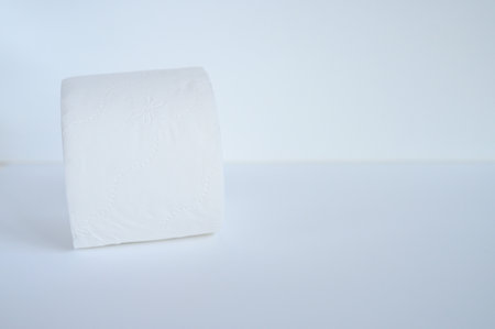 rolled white toilet paper in a white background. space for textの写真素材