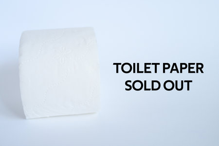 rolled white toilet paper on a white background and text toilet paper sold out. ofl fontの写真素材