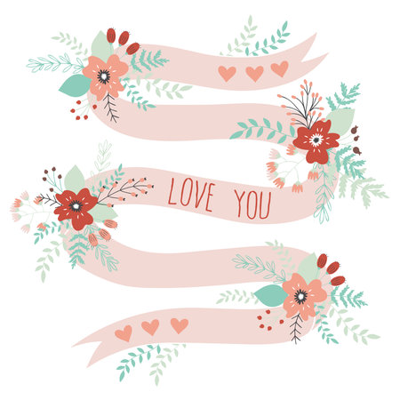 Romantic and love card for Happy Valentines Day. Template for wedding, mothers day, birthday, invitations. Greeting illustration of romantic bouquets, hearts, flowers, ribbon, leafs, laurels, wishes.のイラスト素材