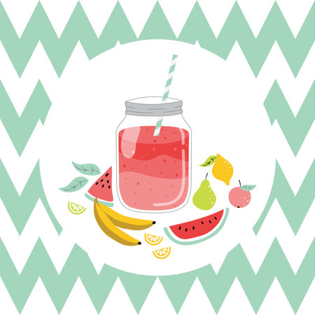 Jar with smoothie and fruits. Vector hand dawn illustration.のイラスト素材