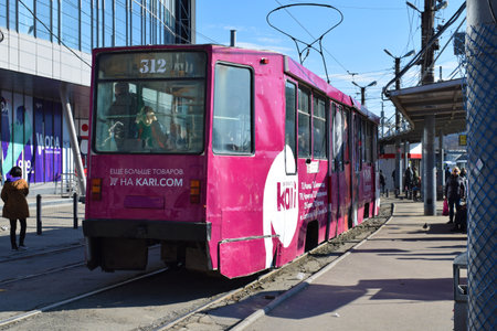 Vladivostok, Primorsky Krai, Russia - 10.27.2019: Old tram model LM-93 rides on the street Lugovaya in sunny autumn dayのeditorial素材