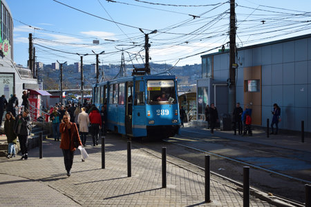 Vladivostok, Primorsky Krai, Russia - 10.27.2019: Old tram model KTM-5. Stop on Lugovaya Squareのeditorial素材