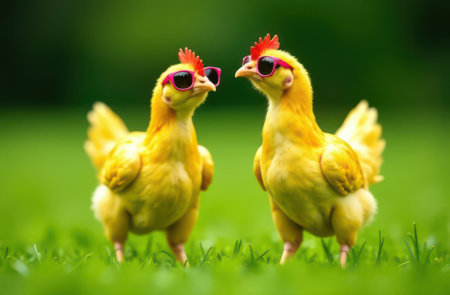 Two chickens sport stylish sunglasses while standing in a vibrant green field. Their relaxed poses and quirky accessories create a humorous and whimsical scene.の素材