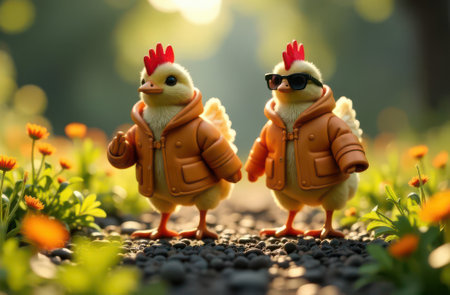 Two adorable cartoon chicks wearing fashionable orange jackets, one with sunglasses, walk through a vibrant garden path surrounded by blooming flowers, embodying fun and style.の素材