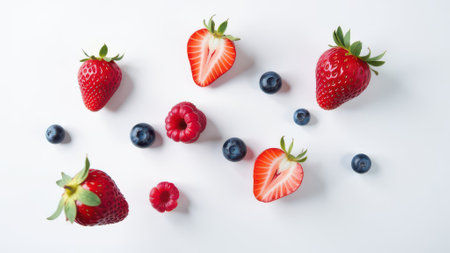 Fresh strawberries and blueberries captured in mid-air against a plain background. The colorful berries create a dynamic and lively visual experience with their vibrant huesの素材