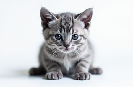 A close-up of a small tabby kitten with blue eyes and intricate fur pattern looking curiously at the camera. The kitten sits against a plain white backdrop, enhancing its cute expression.の素材