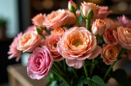 A vibrant bouquet of peach and pink roses in full bloom captures the beauty of nature. The flowers showcase delicate petals and lush green leaves, creating an elegant floral display.の素材