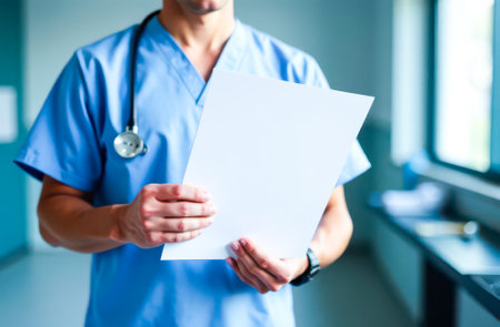 Healthcare professional in scrubs holding and examining a medical document in a hospital environment. Focused expression, emphasizing attention to patient care and medical responsibilities.の素材