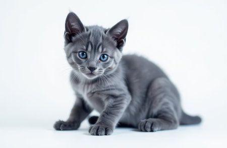 Charming Gray Kitten with Blue Eyes on White Backgroundの素材