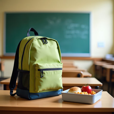 School lunch on desk in classroomの素材