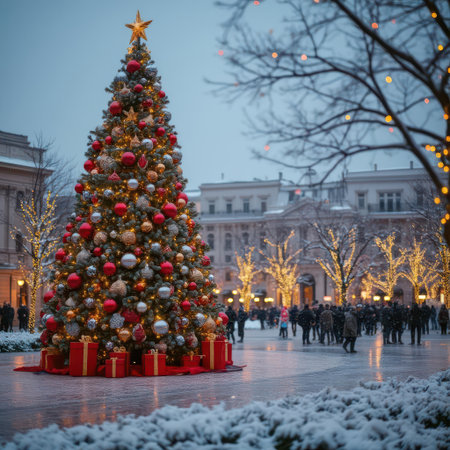 Large decorated fir tree on the city squareの素材