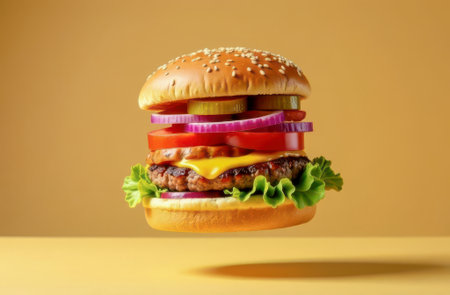 Finished burger on a yellow backgroundの素材