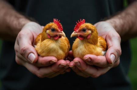 Small chickens in human handsの素材