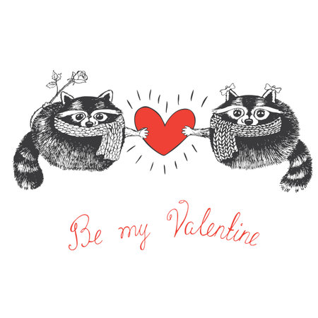 Valentines day card with raccoons and heart. sketch illustration, romantic background.のイラスト素材