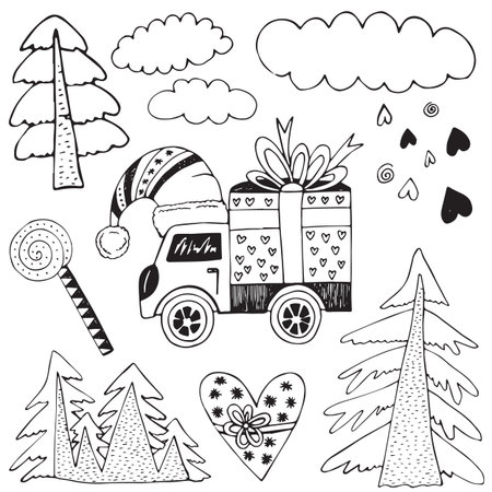 Hand drawn winter collection with car, gifts, natural elements. Christmas and New year theme. Cartoon vector design for holiday postcards, greeting cards, prints, t-shirt.のイラスト素材