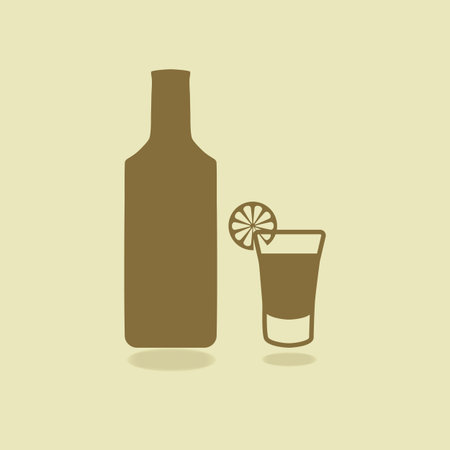 Bottle of tequila with shot glass and lemon slice. Isolated icons. Vector illustration. EPS 10のイラスト素材