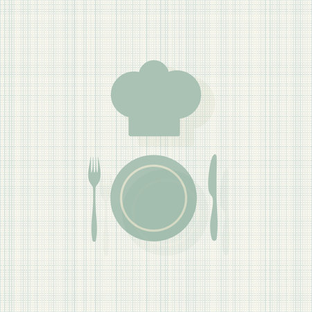 At the cellular background of a chefs hat, a plate, a knife and fork. Vector illustrationのイラスト素材