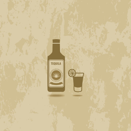 bottle of tequila with glass stack and lemon - vector illustration. On grunge background.のイラスト素材