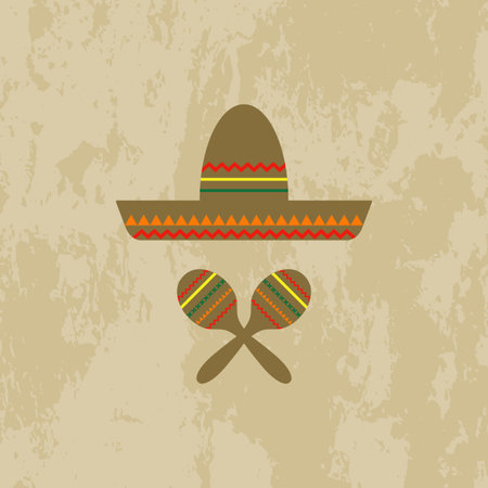 Sombrero a traditional Mexican hat - vector illustration. Mexican national musical instrument marakasy on grunge backgroundのイラスト素材