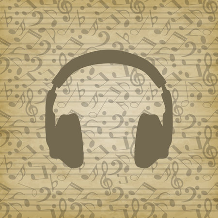 headphones icon on grunge background. Music background with notes. Vector illustration. The treble clef, the notes seamless pattern. EPS 10のイラスト素材