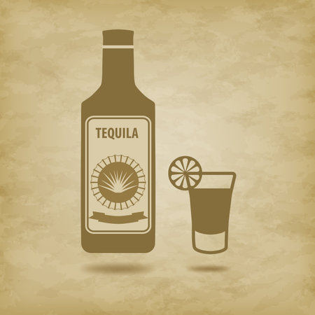 bottle of tequila with glass stack and lemon - vector illustration. On grunge background.のイラスト素材
