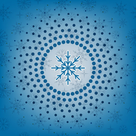 Christmas background of snowflakes and stars - vector illustration. Blue background with halftone dots in a circleのイラスト素材