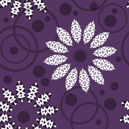 Geometric pattern of circles and flowers-vector illustration. Seamless abstract decorative pattern carved flowers, circles and dots.のイラスト素材