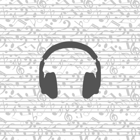 headphones icon on a white background. Music background with notes. Vector illustration. The treble clef, the notes seamless pattern.のイラスト素材