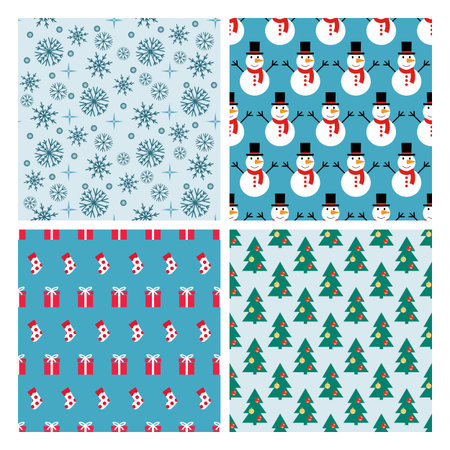 Set of seamless simple patterns symmetrical. Snowmen, presents, decorated Christmas tree background with snowflakes. Simple geometric patterns.のイラスト素材
