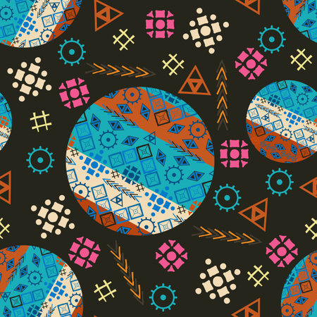 The tribal pattern seamless-vector illustration. Circles seamless pattern tribal. Boom triangles...