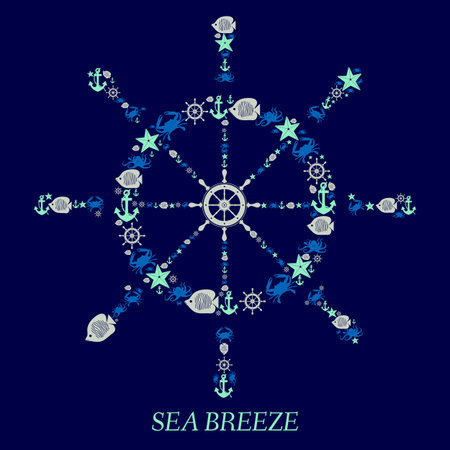 Icon helm  Sea-vector illustration.Nautical anchor helm sea creatures isolated dark blue background. Sea animals Crabs fish octopi.  Elements and icons for cards, illustration, poster and web designのイラスト素材