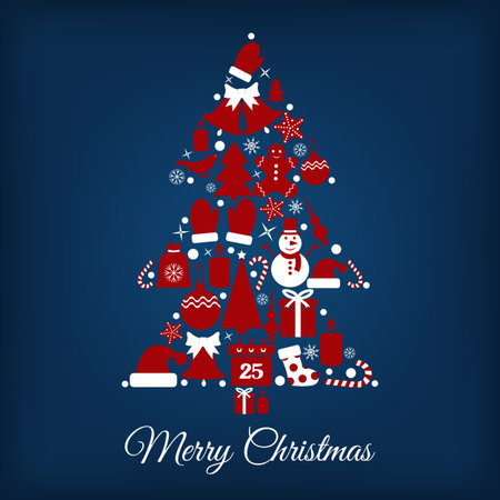 Icons set Christmas and New year-vector illustration. In the shape of a Christmas tree, inside the stocking gifts calendar hat Snowman candle bell mittens caramel. Santa hat calendarのイラスト素材