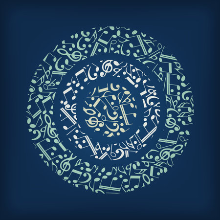 Logo circles of the music-vector illustration. The circular pattern of notes in the form of a logo on a blue background.のイラスト素材