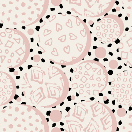 Hand drawn pink marker and ink seamless patterns. Hand drawn circles, dots, squares hearts. Scribble for children. Background of dots drawn by handのイラスト素材