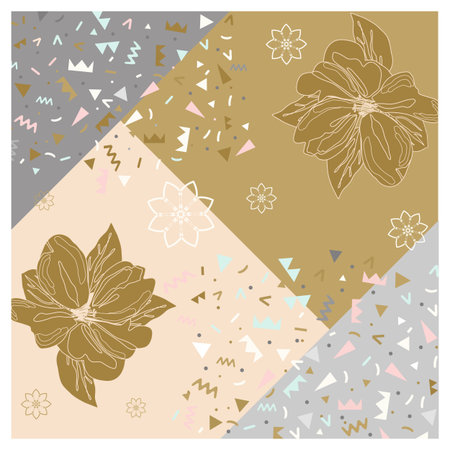 Pattern in calm colors gold delicate background bandana handkerchief with floral ornament. Original retro design of the scarf.のイラスト素材