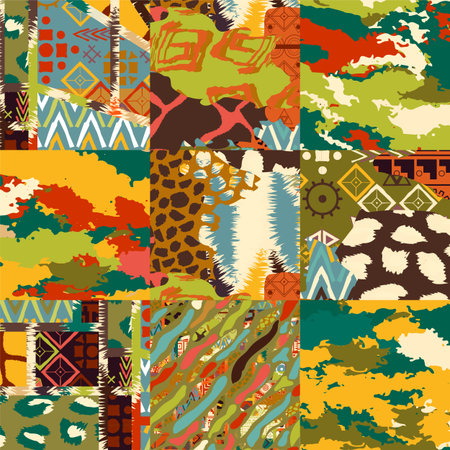 Ethnic tribal vector pattern. Colorful mosaic background. Bright spring pattern with abstract squares of different textures, Oriental ornamentのイラスト素材