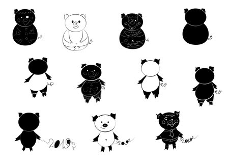 Nice cute hand drawing piglets set. Symbol 2019 Year.のイラスト素材