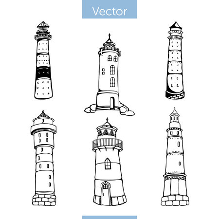 hand-drawn set of six monochrome beaconsのイラスト素材