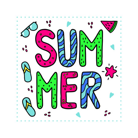 Square bright font composition summer. Good for applying on t-shirts, bags, souvenirs.のイラスト素材