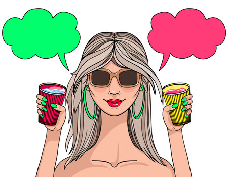 cute girl holding a glass with a drink. Made in bright colors. Place for text in the cloudのイラスト素材