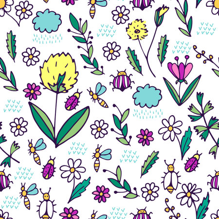 Wild Flowers Seamless Pattern in Cartoon Styleのイラスト素材