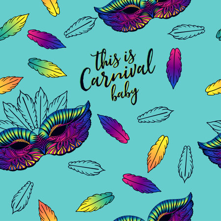 Seamless pattern for carnival party with feathers and carnival mask. Printing fabric textile.のイラスト素材