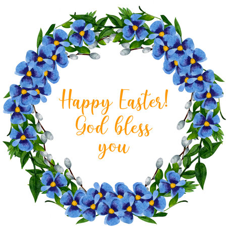 Watercolor wreath for easter. wreath of blue flowers, greenery and willow branches. Isolated on whiteの写真素材