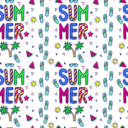 Summer seamless pattern of bright elements. Isolated on white