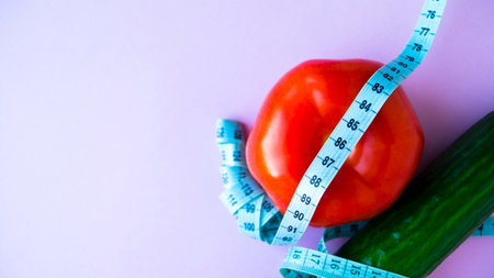Diet, healthy diet, food and weight loss concept. Vegetable nutrition. Good health. Tomato with cucumber wrapped in a measuring tape on a pink background. Place for text. Copy space. Selective focus.の写真素材