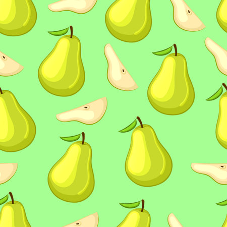 Cartoon pears whole and slices on a green background. Seamless pattern. Vector illustration.のイラスト素材