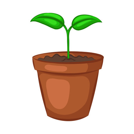 Sprout in ceramic pot. Plant isolated on white background. Cartoon icon. Vector illustration.のイラスト素材