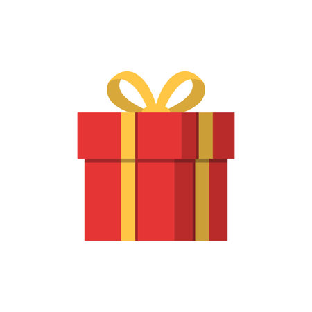 Red gift box tied with yellow ribbon. Isolated on white. Vector illustration.のイラスト素材
