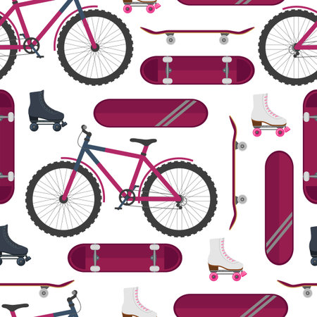 Skate, bike, roller skates. Street sport. Seamless pattern. Vector illustration.のイラスト素材